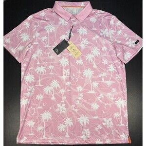 Obla Performance Golf Polo Shirt Mens Large Pink With White Palm Trees NWT